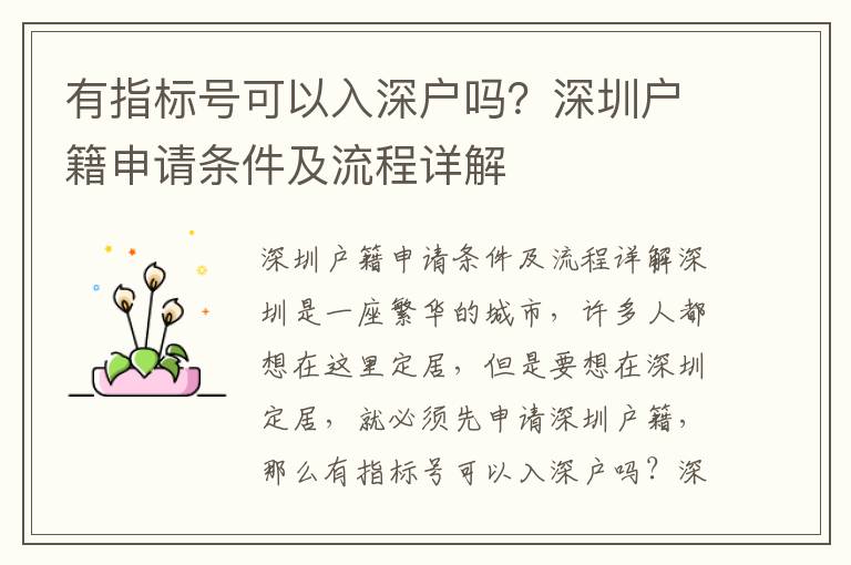 有指標(biāo)號(hào)可以入深戶嗎？深圳戶籍申請條件及流程詳解