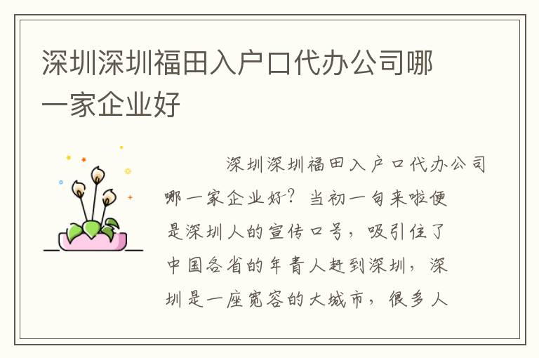 深圳深圳福田入戶口代辦公司哪一家企業(yè)好