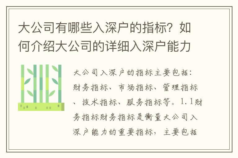 大公司有哪些入深戶的指標？如何介紹大公司的詳細入深戶能力