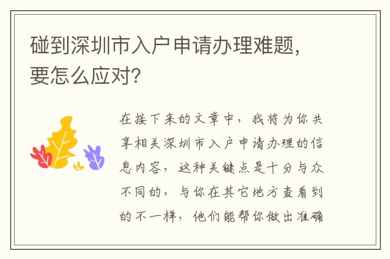 碰到深圳市入戶申請(qǐng)辦理難題，要怎么應(yīng)對(duì)？