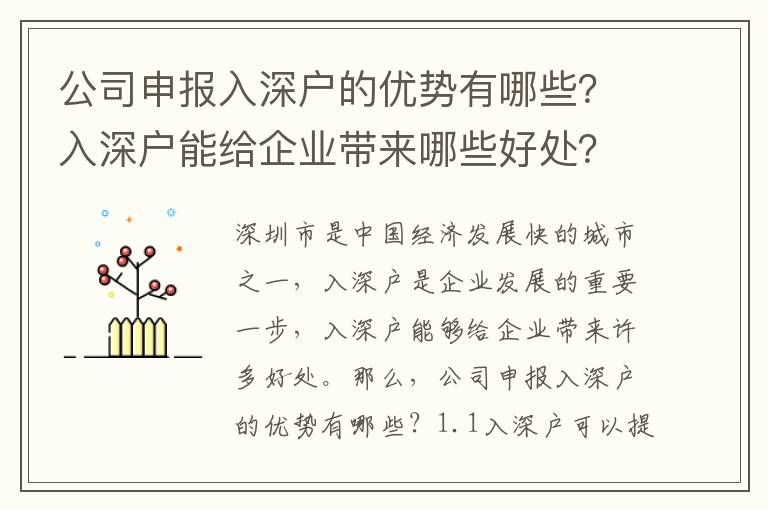 公司申報(bào)入深戶的優(yōu)勢(shì)有哪些？入深戶能給企業(yè)帶來(lái)哪些好處？