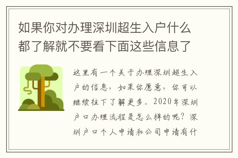 如果你對辦理深圳超生入戶什么都了解就不要看下面這些信息了！