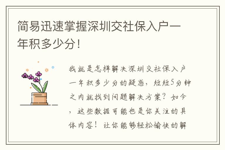 簡(jiǎn)易迅速掌握深圳交社保入戶一年積多少分！