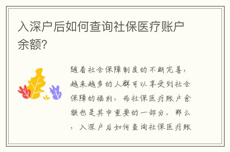入深戶后如何查詢社保醫療賬戶余額？