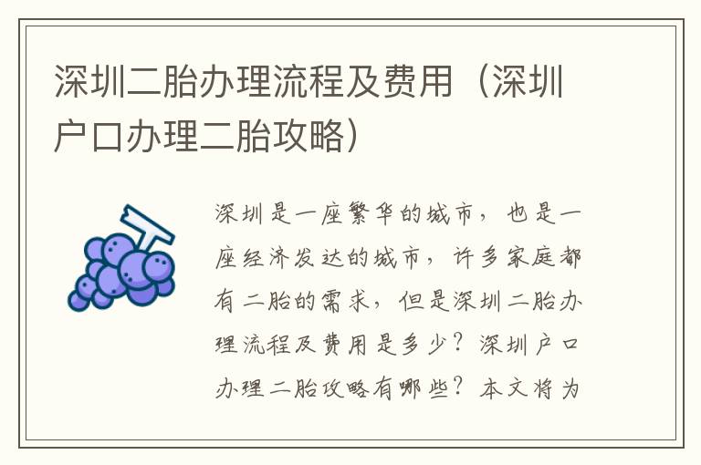 深圳二胎辦理流程及費(fèi)用（深圳戶口辦理二胎攻略）
