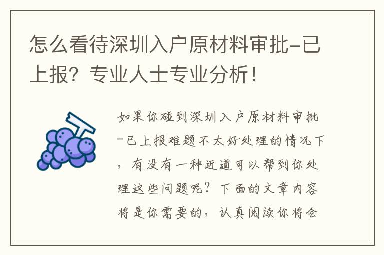 怎么看待深圳入戶原材料審批-已上報？專業(yè)人士專業(yè)分析！